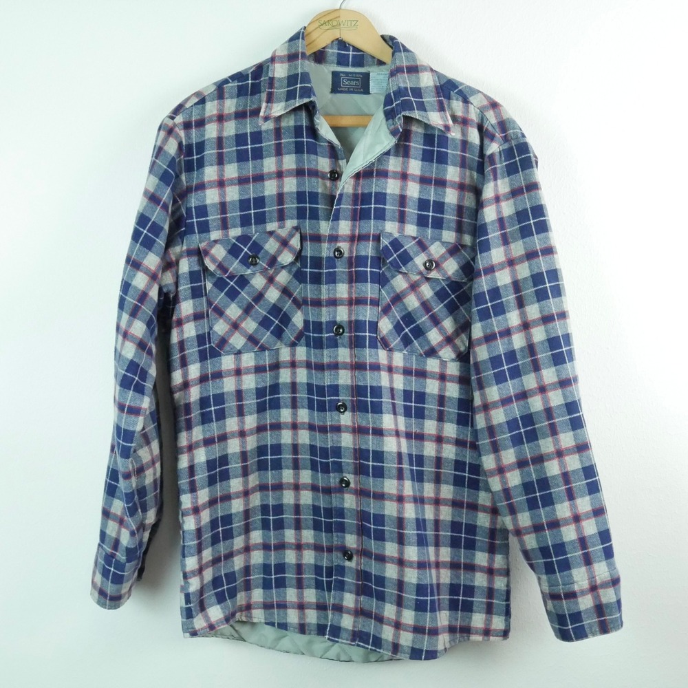 Vintage Sears Perma-Prest Quilted Flannel Shirt Jacket Plaid Medium Tall Work